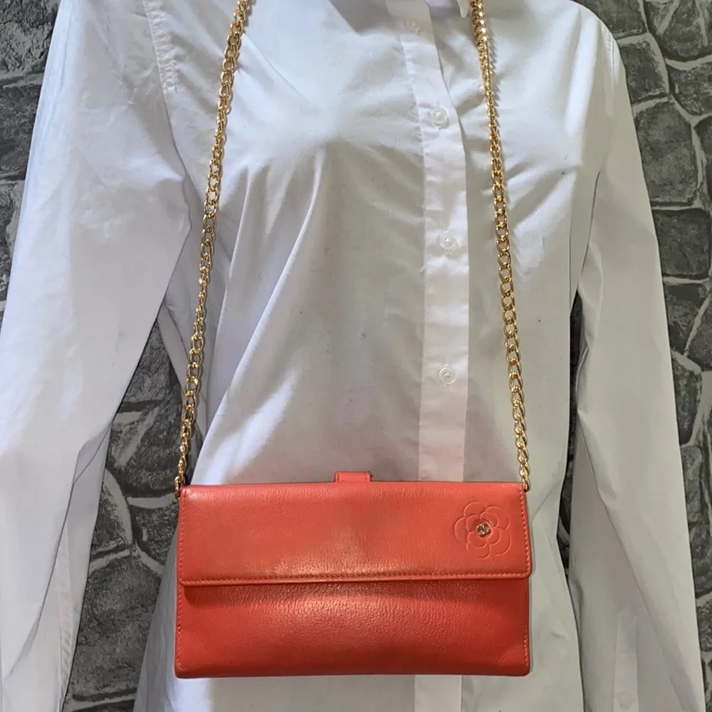 Vintage CHANEL Orange Leather Camellia Chain Wallet (2005)